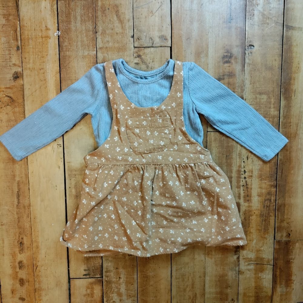 Mabel + Honey outfit 2T jumper dress long sleeve shirt blue neutral boho tan
